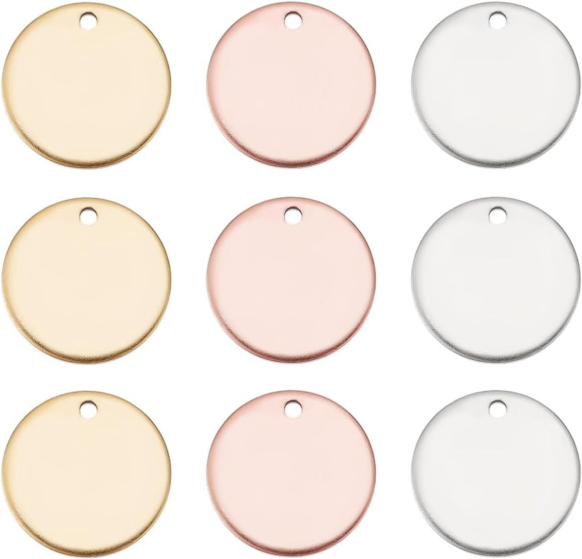 Elite 60 stuks 304 roestvrij stalen hangers, glad oppervlak, vlakke ronde blanco stempellabels voor armbanden, oorringen, bedels, doe-het-zelf sieraden, goud/zilver/roségoud