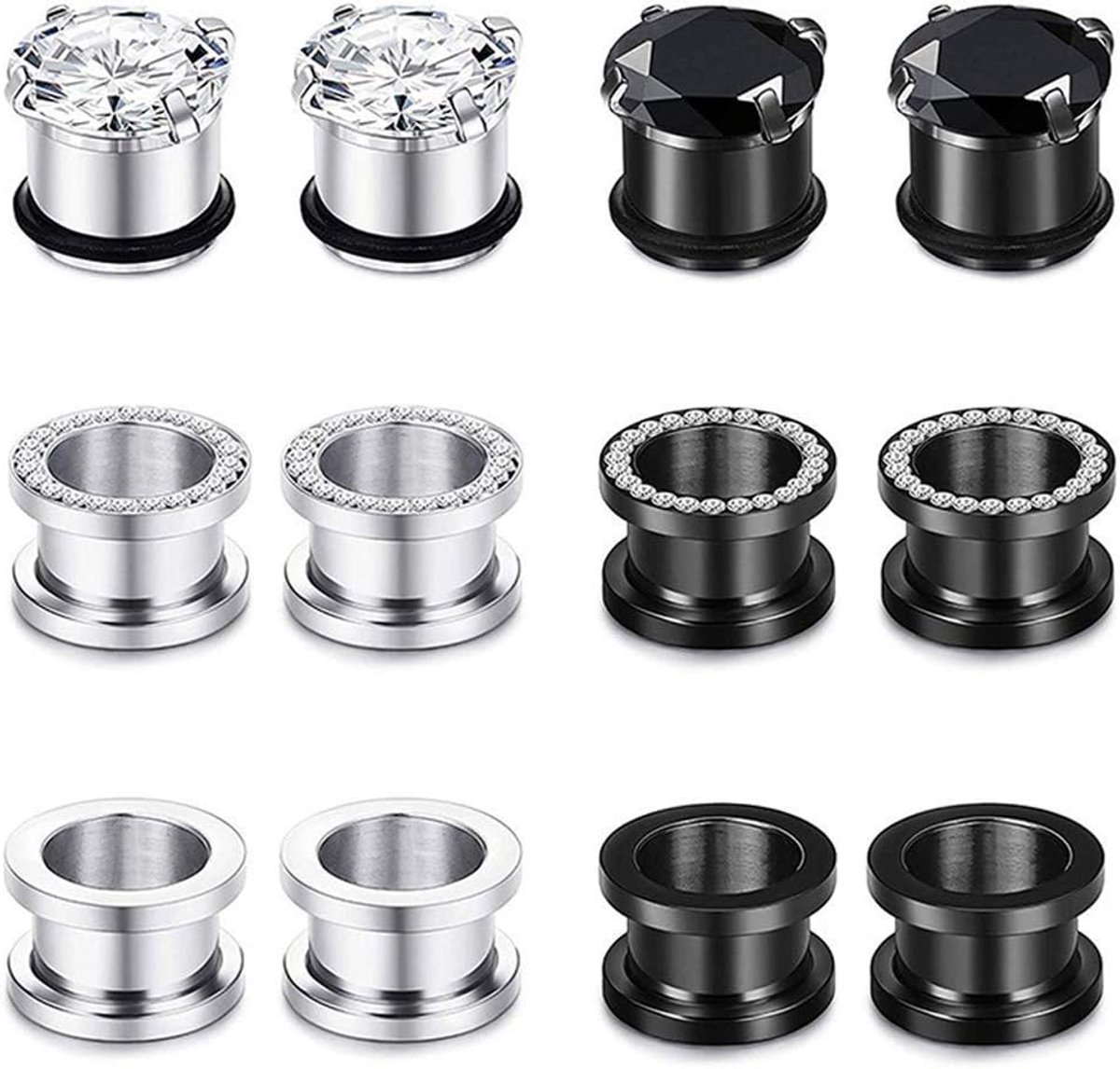 Tunnels, set van 12 roestvrij stalen oortunnels, meerkleurig, schroefsluiting met edelstenen, piercing, sieraden, 4 mm-12 mm