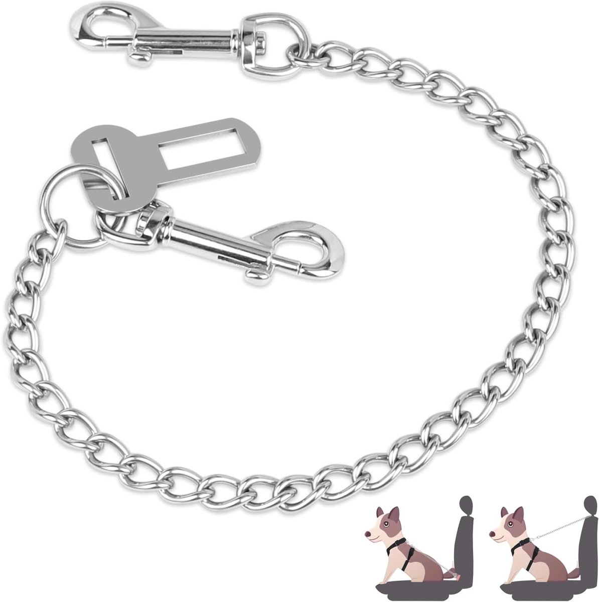 Bijtvaste Hondenriem Ketting 53 cm, Kort Voor Achterbank Auto, Veiligheidsgordel Hond Met Roestvrij Stalen Gesp, Kauwveilig Voor Kleine en Grote Honden