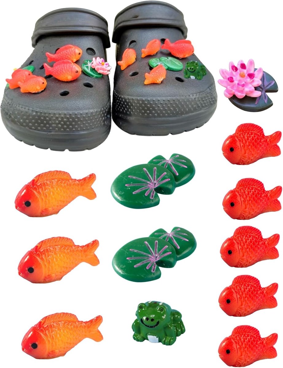 Bedels, designer bedels voor klompen meisjes jongens, 3D goudvis lotusblad bloemen kikker bedels pack, Kunststof, Hars