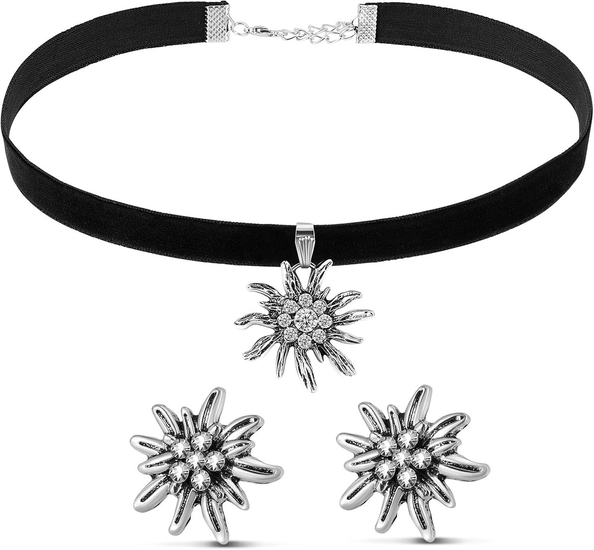 Klederdrachtsieradenset met halsketting, edelweiss, oorbellen en fluwelen halsband voor Beierse bierdag, traditionele dirndl-accessoires, Dimensioni: 32 cm + 8 cm