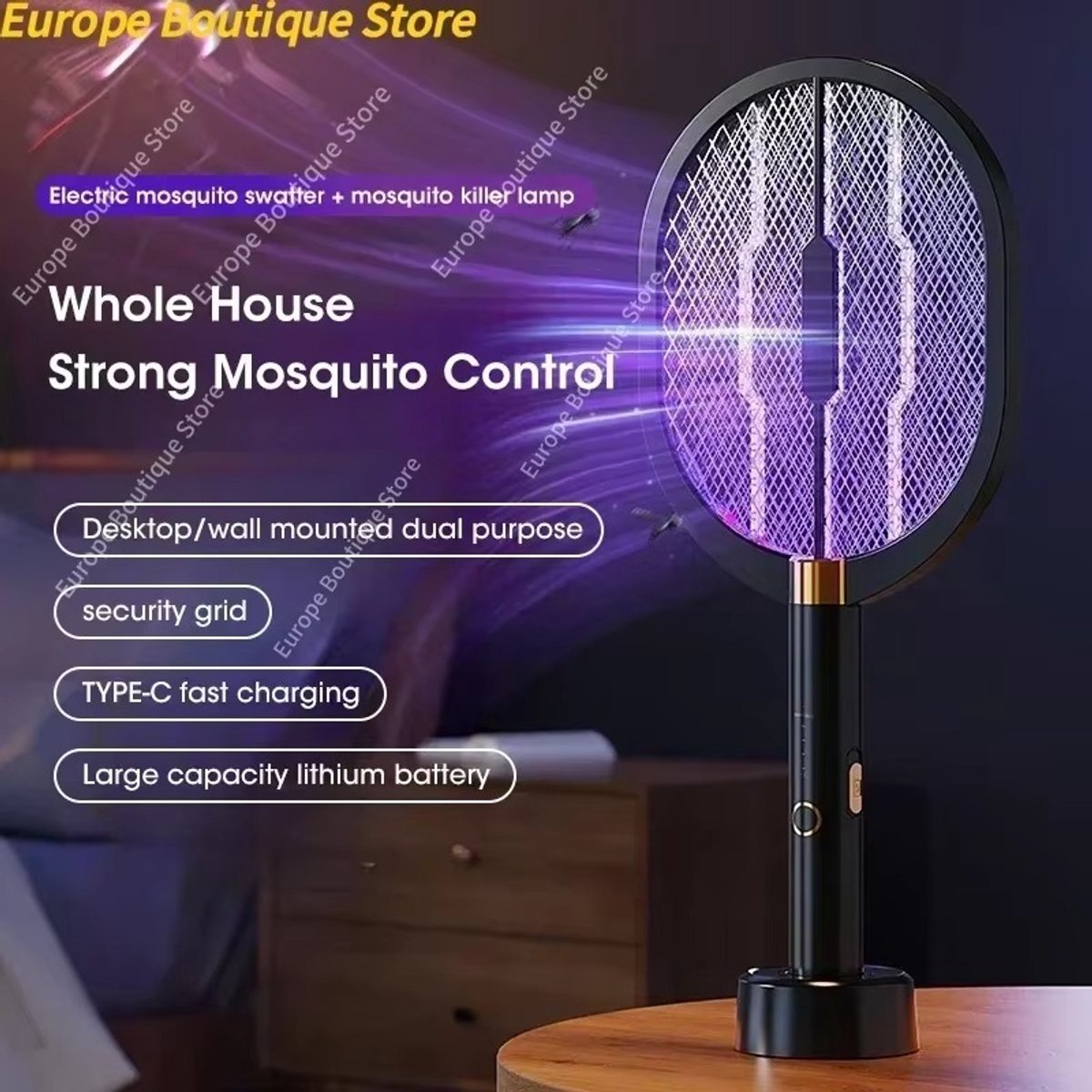Cherrys Finds - Elektrisch Insectenracket - Vliegenmepper Muggenlamp - Ongedierte Bestrijden - 3-in-1 - Oplaadbare Bug Zappers - Muggen Racket Met Paarse Killer - Zwart