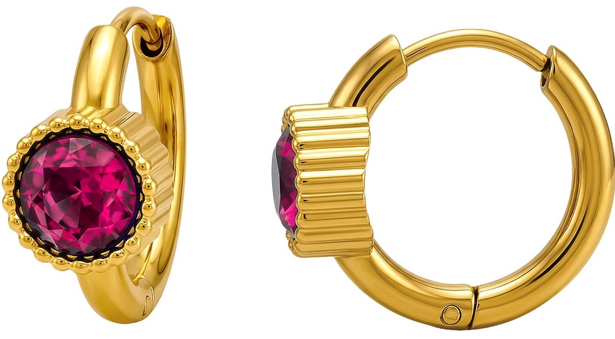 Joy Ibiza - oorbellen - robijn roze oorringen - 16 mm met klap scharnier sluiting - chirurgisch staal - ruby corundum - ear party boho - bohemian style - ip/pvd goldplated t42