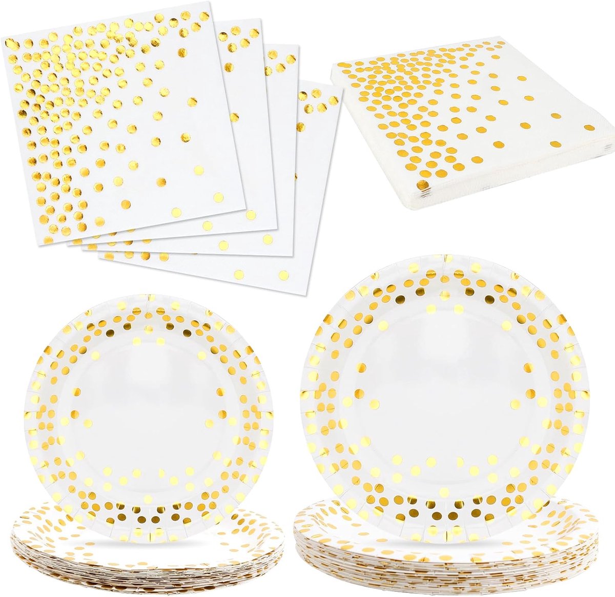 20 gasten, wegwerpborden, verjaardag, 18,5/23 cm, papieren borden met gouden glitter, feestservies met servetten, dessertborden, wit, goud, voor bruiloft, feest, diner, doop (60 stuks)