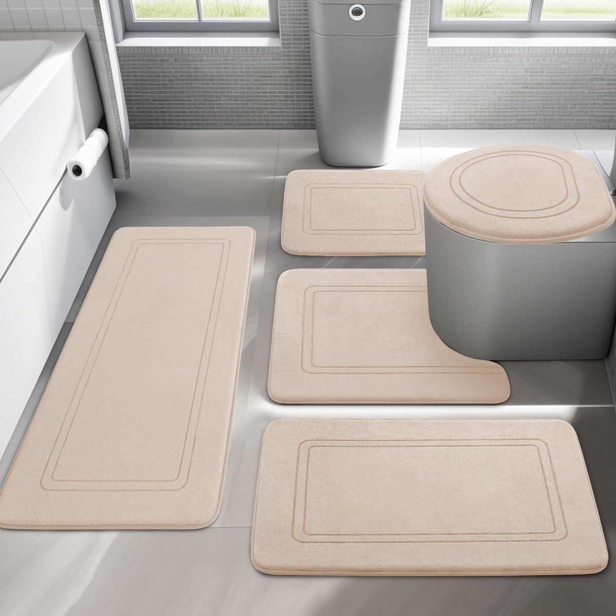 chakme Badkamertapijten, 5-delig, zachte badmat van traagschuim, U-vormige wc-mat, antislip, wasbaar, beige