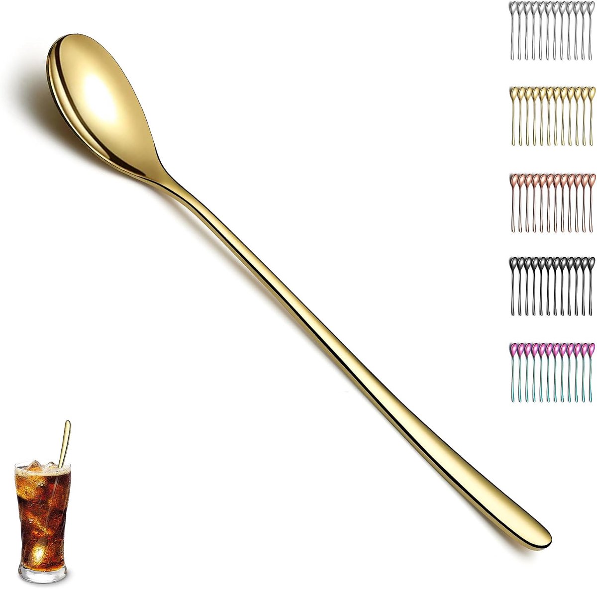 Gouden Latte Macchiato Lepel Set van 12 Stuks, Titanium Plating Gouden Roestvrijstalen Theelepel, Roerstaaf Lepel, Koffielepel, Ijslepel, Cocktaillepel