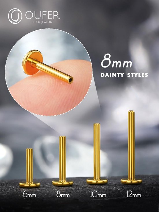 Body Piercing 6/8/10/12mm Threadless 16G Titanium Labret Monroe Lip Push in Tragus Helix Earring Stud Piercing Replacement Bar Gold Lip Labret Conch Bar — afbeelding 2