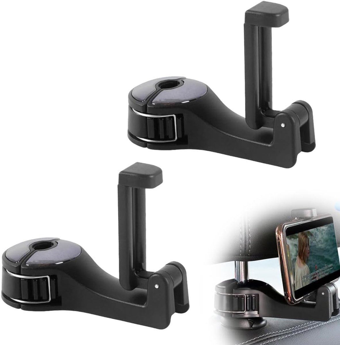 Autohoofdsteunhouder met mobiele telefoonhouder, 360 graden haak achter, voor autostoelen, tassen, portemonnee, stof, voedsel, achterbank (zwart, verpakking met