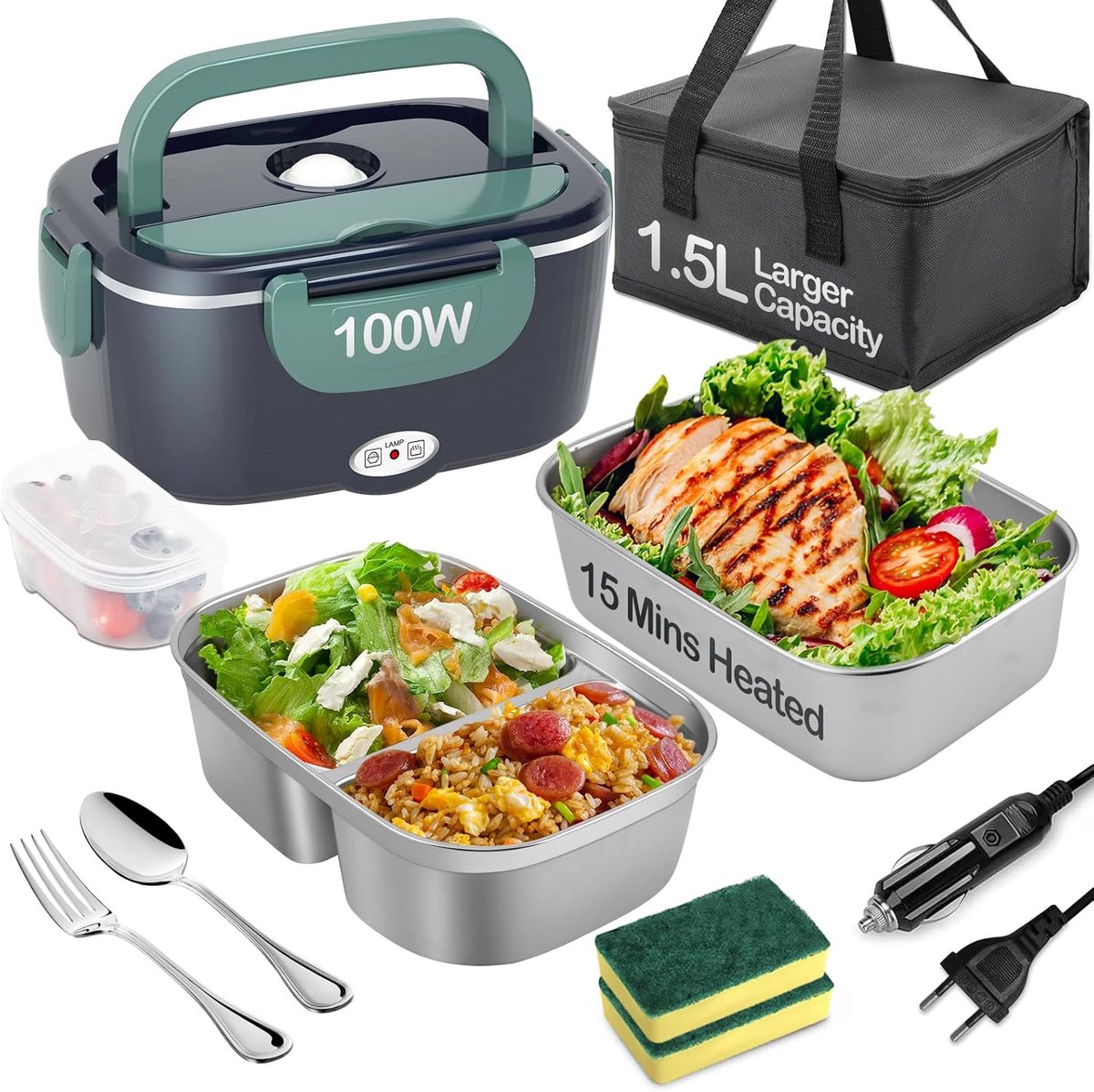 lunchbox 100 W, 1,5 l verwijderbaar roestvrij staal, 3-in-1 draagbare verwarmde lunchbox, 12V/24V/220V geïsoleerde warmtebox voor auto/vrachtwagen/kantoor/thuis (blauw, 1,5 l)