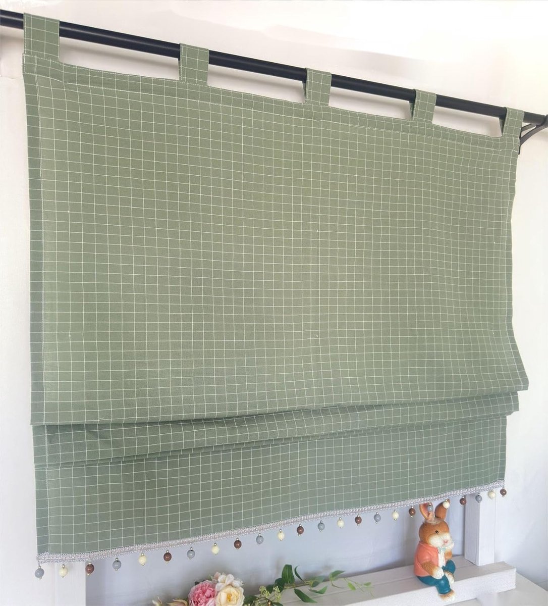 vouwgordijn met ruitpatroon landelijke stijl gordijnen met kwastjesrand vouwgordijn met lussen woonkamer gordijn keuken 1 stuk groen HxB 140x140cm