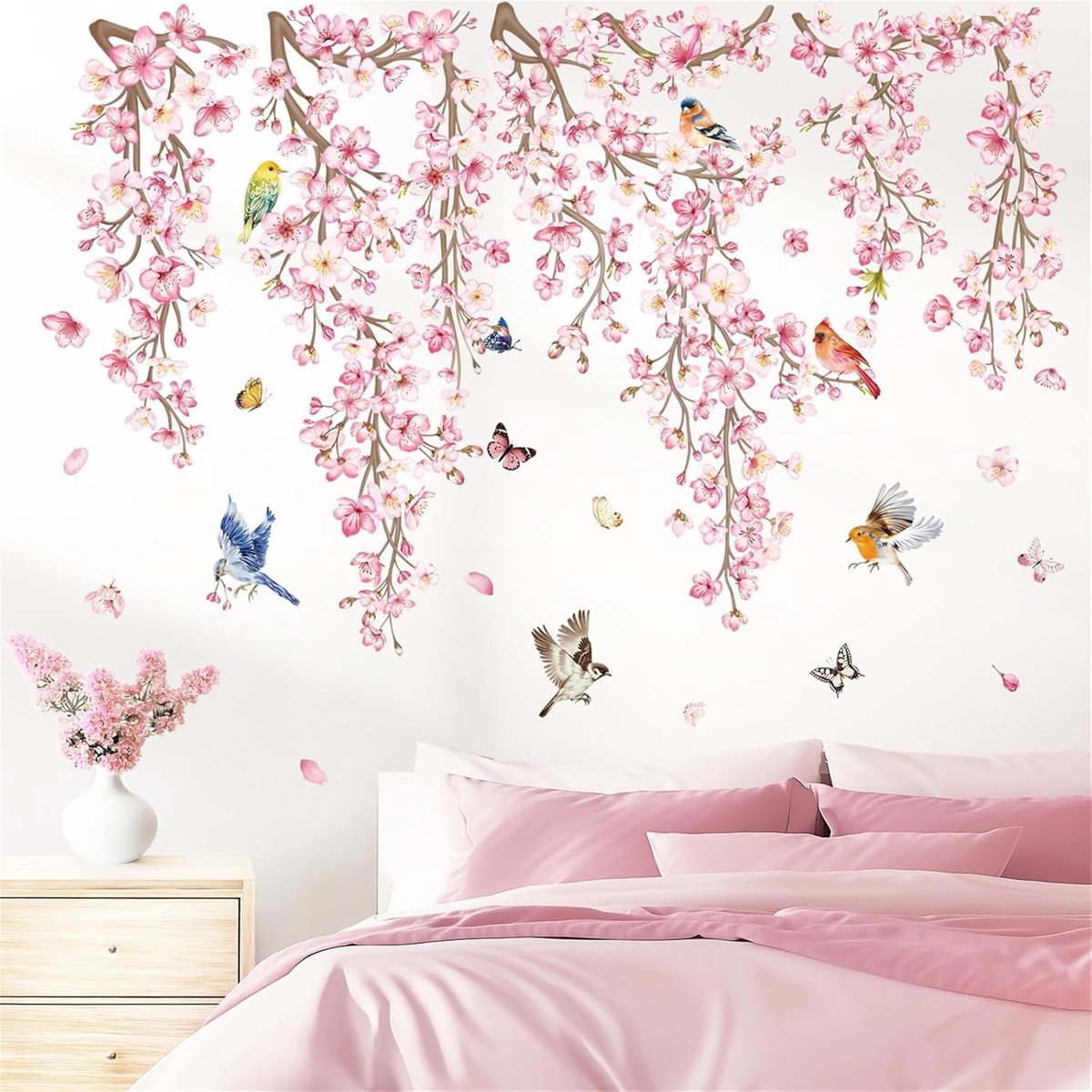 Muurstickers Roze Opknoping Bloemen Boom Tak Vogels Schil en Stok Muurkunst Decals voor Slaapkamer Woonkamer Bank