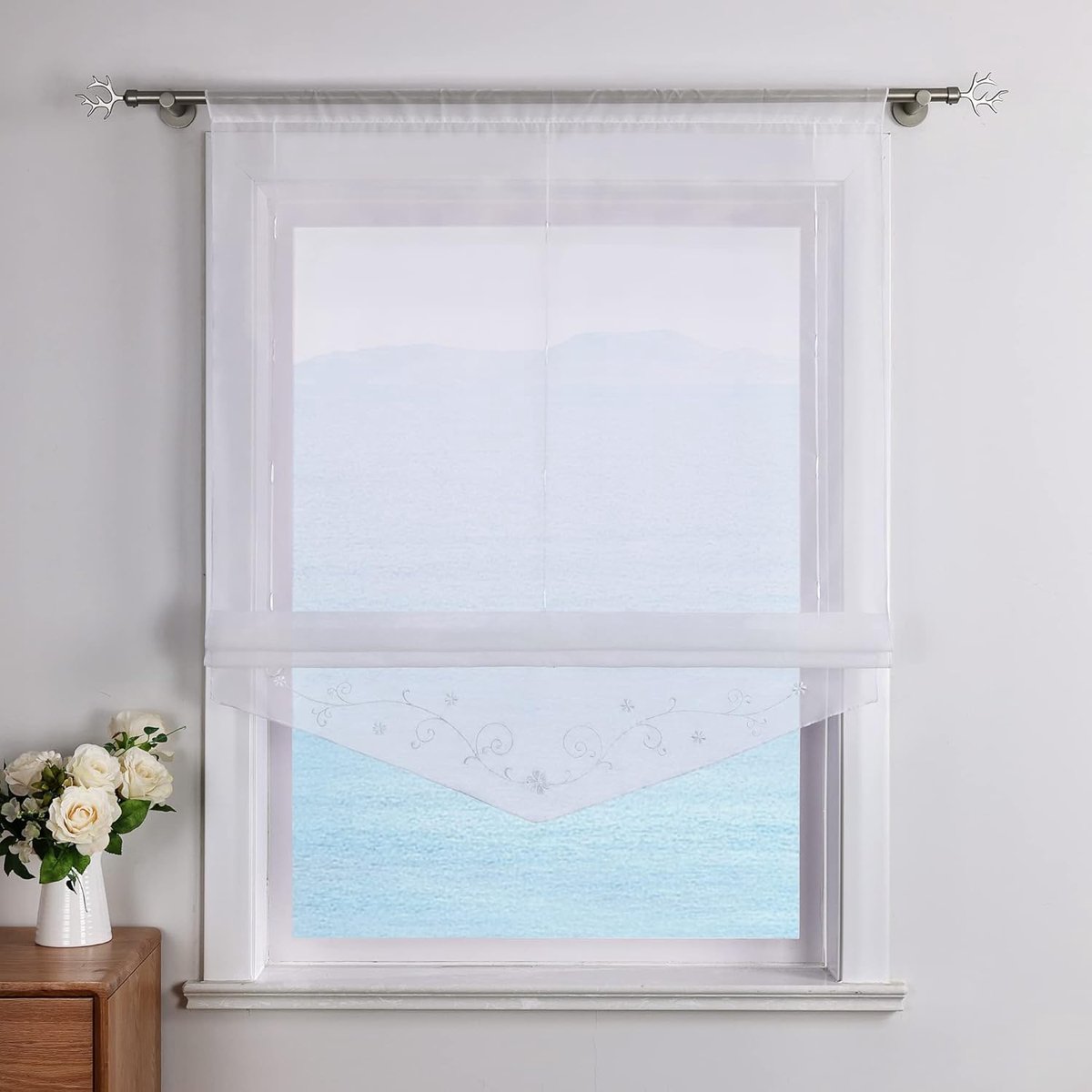 Vouwgordijn met lussen, voor keuken, transparant, met lussen, geborduurde moderne voile, wit, 80 x 140 cm (b x h), 1 stuk