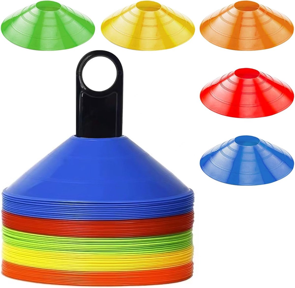 voetbalhoedjes voor voetbaltraining, met spanband en netvak, voetbalaccessoires, sporthoedjes voor hockey, schaatsen, handbal, coördinatietraining