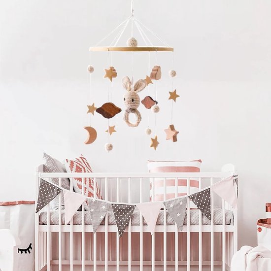 Mobiele babybed, windspel, wolken en kleine haas, hangend, hout, mobiele babykinderkamer, hangende bedbel, cadeau voor baby's, meisjes of jongens, rammelspeelgoed (B) — afbeelding 4