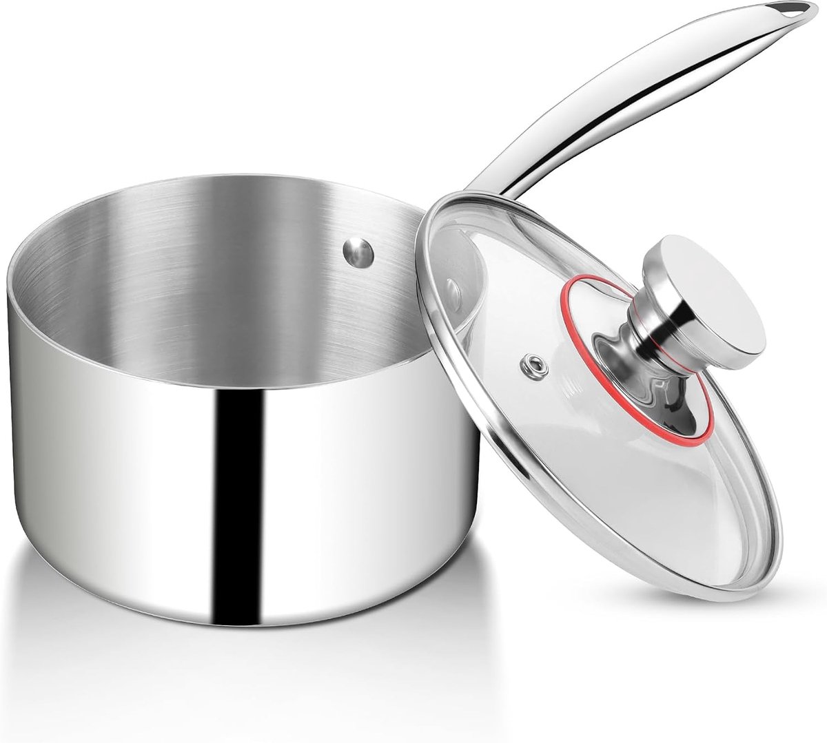 Steelpan, 16 cm melkkan, kookpan, inductie met glazen deksel, 3-laags roestvrij stalen pan voor alle warmtebronnen, 1,9 l steelpan om te koken, gezond en ongecoat, vaatwasmachinebestendig