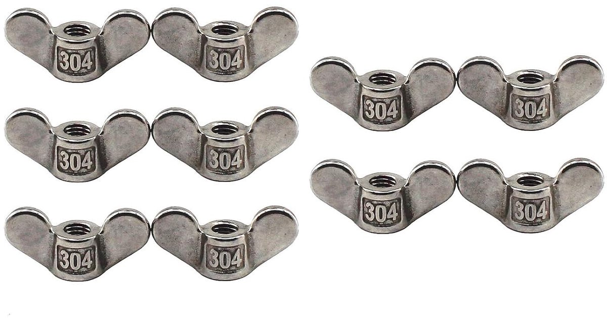 304 RVS vleugelmoer M6 hand gedraaide bevestigingsmiddelen vlinder vleugel vormige moer DIY hardware pack van 10
