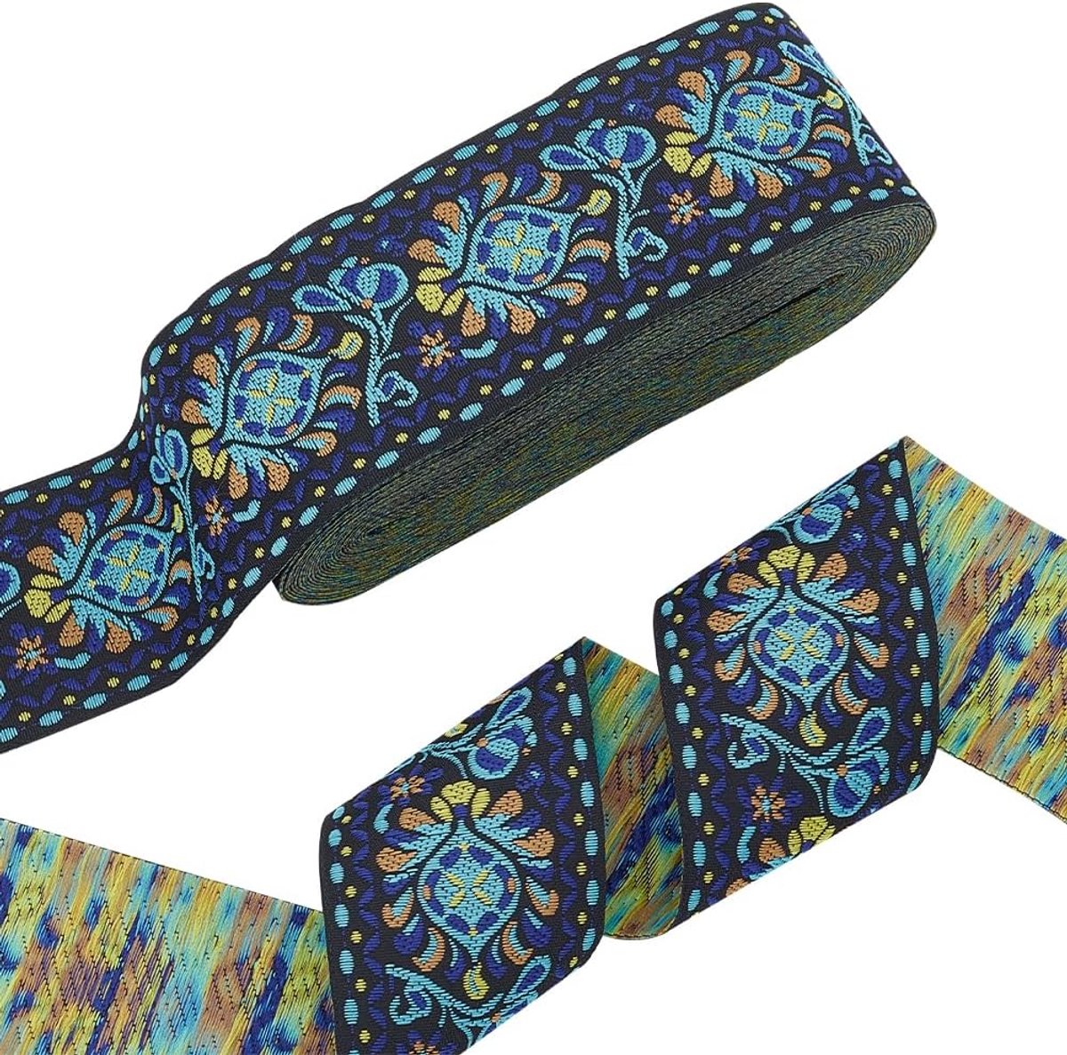PandaHall 10 Yards Boho jacquardlint, 5 cm etnische stijl bloemenlint blauw emobridered bloemenlint stof trim franje voor naaien handgemaakte tas riem maken doe-het-zelf kleding decoratie