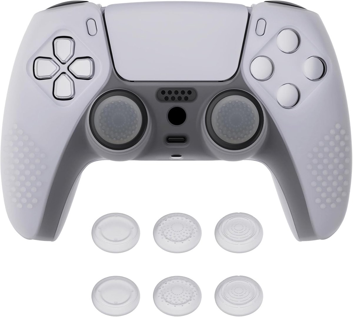 eXtremeRate PlayVital Beschermhoes voor ps5 Controller, Zachte Rubber Siliconen Cover met Anti-slip Grip en 6 Thumbstick Caps - 3D Studded Editie (Transparant Wit)