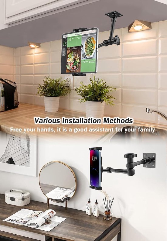 Wandhouder met Verstelbare Arm, Scharnierende Arm iPad Muurbeugel | Metalen Muur Tablethouder voor iPad Pro Air Mini, Switch, Lenovo, Galaxy Tab, Fire, Telefoon 4-13" — afbeelding 2