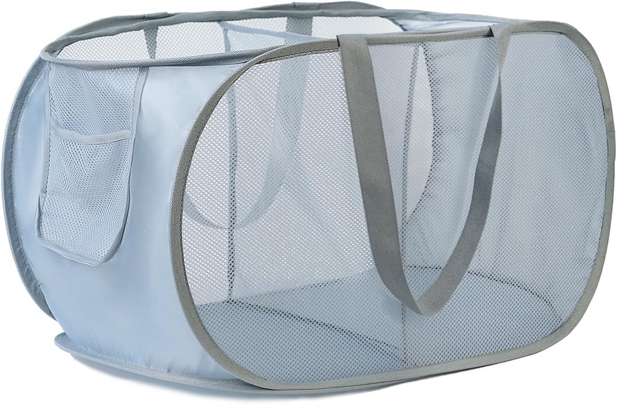 Wasmand, Inklapbare Kledingmand met 2 Compartimenten en Zijvak, Pop-up Waszak voor Badkamer, Slaapkamer, Studentenhuis, Hotel, Reizen,grijs