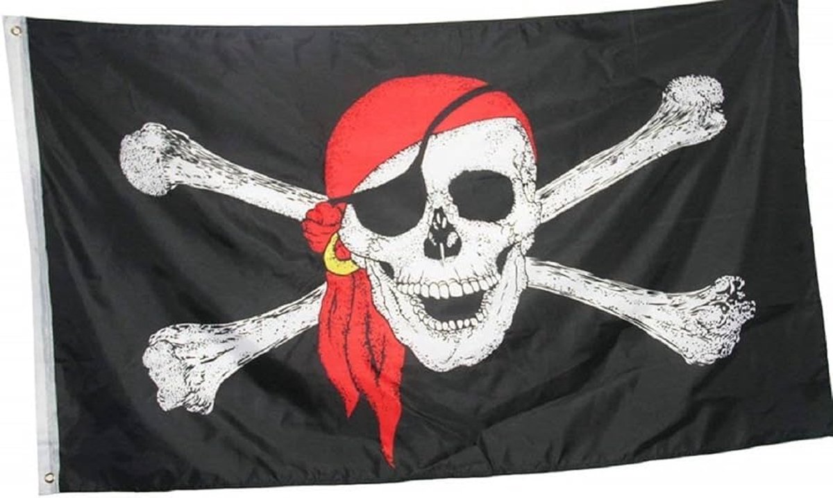 Piratenvlag - Piraat vlag - 90x150 cm - Schedel - Doodshoofd - Zwart/wit/rood - Pirate flag - Piratenthema - Piratenfeest - One Eyed Jack - Jonyx