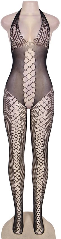 Zwarte open kruis bodysuit met halternek, visnet textuur en jarretels met netkousen.