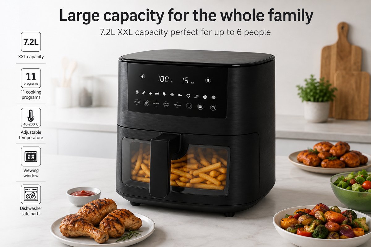 Air Fryer XXL 7.2L – 1850W – 11 Programma's – Kijkvenster – Zwart