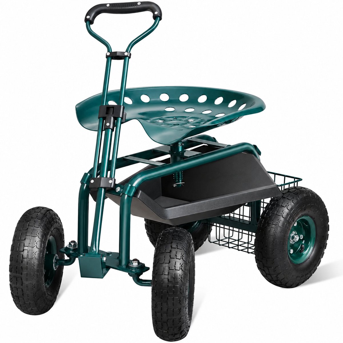 Sello! tuinwerkstoel met wielen - 360° draaibare tuinkruk – opbergmand – stuurhendel – 10 inch luchtbanden – tuinieren – staal