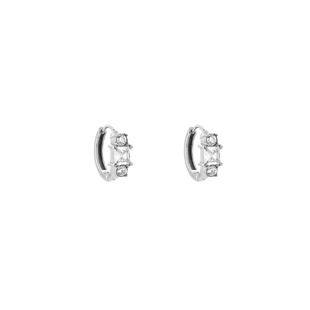 Princess Cut Three-Stone Zirconia Huggie Hoops – Luxe Oorringen met Zirkonia Strass Trio – RVS - Zilver