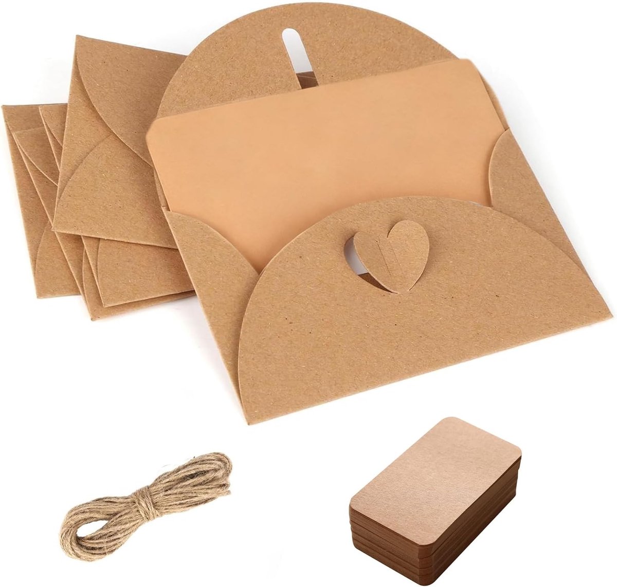 Enveloppenset, 50 stuks vintage enveloppen van kraftpapier met 100 blanco kaarten en henneptouw, mini-enveloppen met hartsluiting voor cadeaukaarten, doe-het-zelf graffiti (bruin)