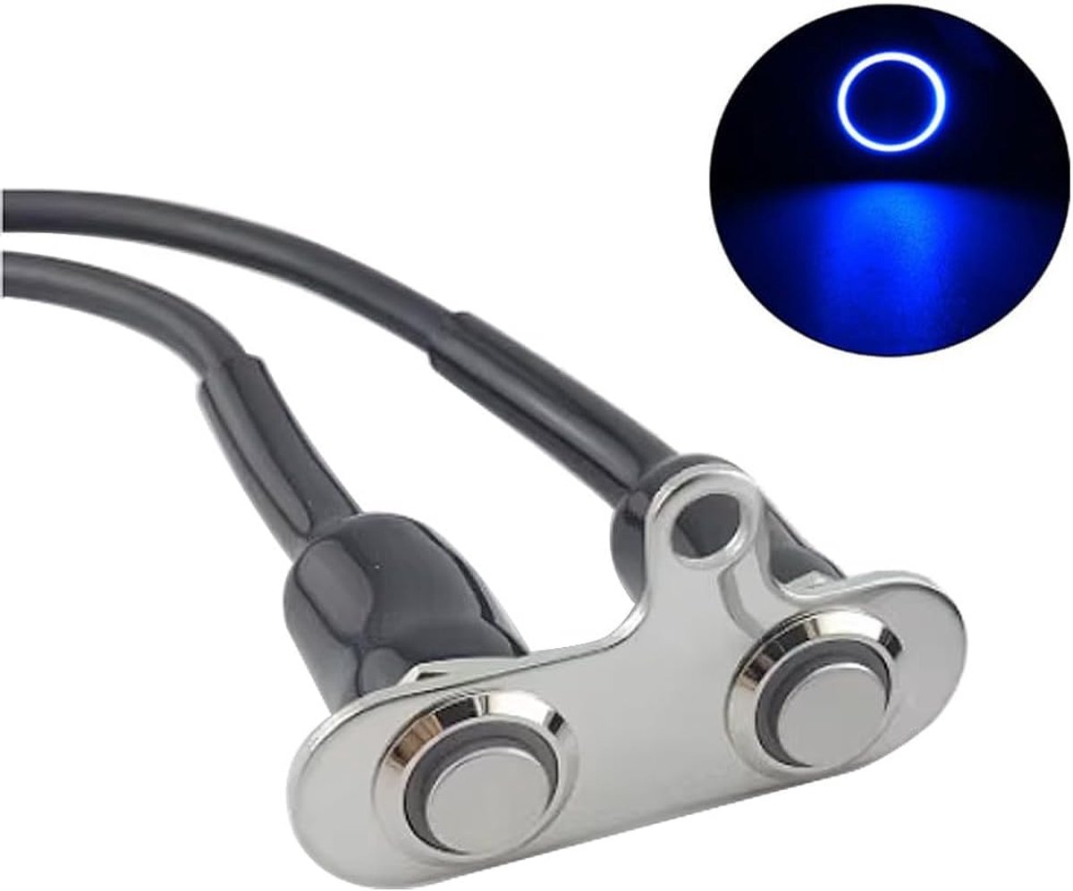 2 stuks Universele Vergrendelende Roestvrij Staal Blauwe LED Motorfiets Schakelaar 5A/12V, AAN/UIT, Verstelbare Stuurbevestiging Waterdichte Schakelaarknoppen