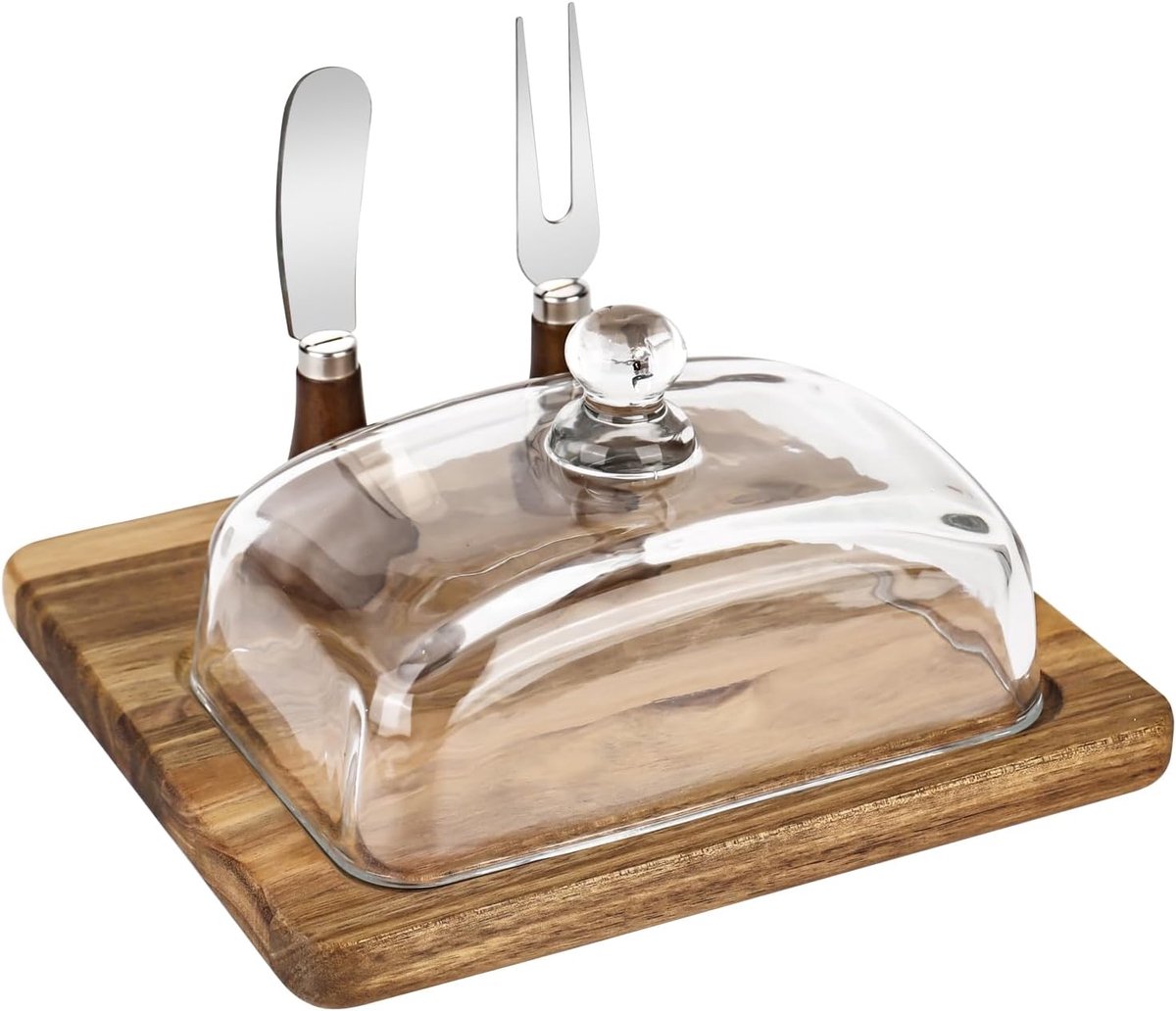 Botervloot met houten deksel, mes en vork, botervloot met glazen deksel, botervloot van bamboe en acacia, boterbox voor huishouden en keuken