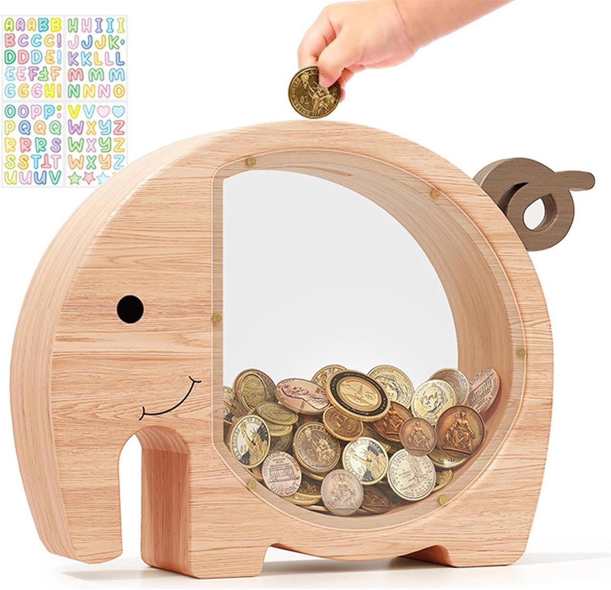 Spaarpot voor kinderen, spaarvarken van hout met olifantdesign, spaarpot gepersonaliseerd voor jongens en meisjes, schattige spaarpot met kijkvenster, onbreekbaar, zonder montage, ideaal als