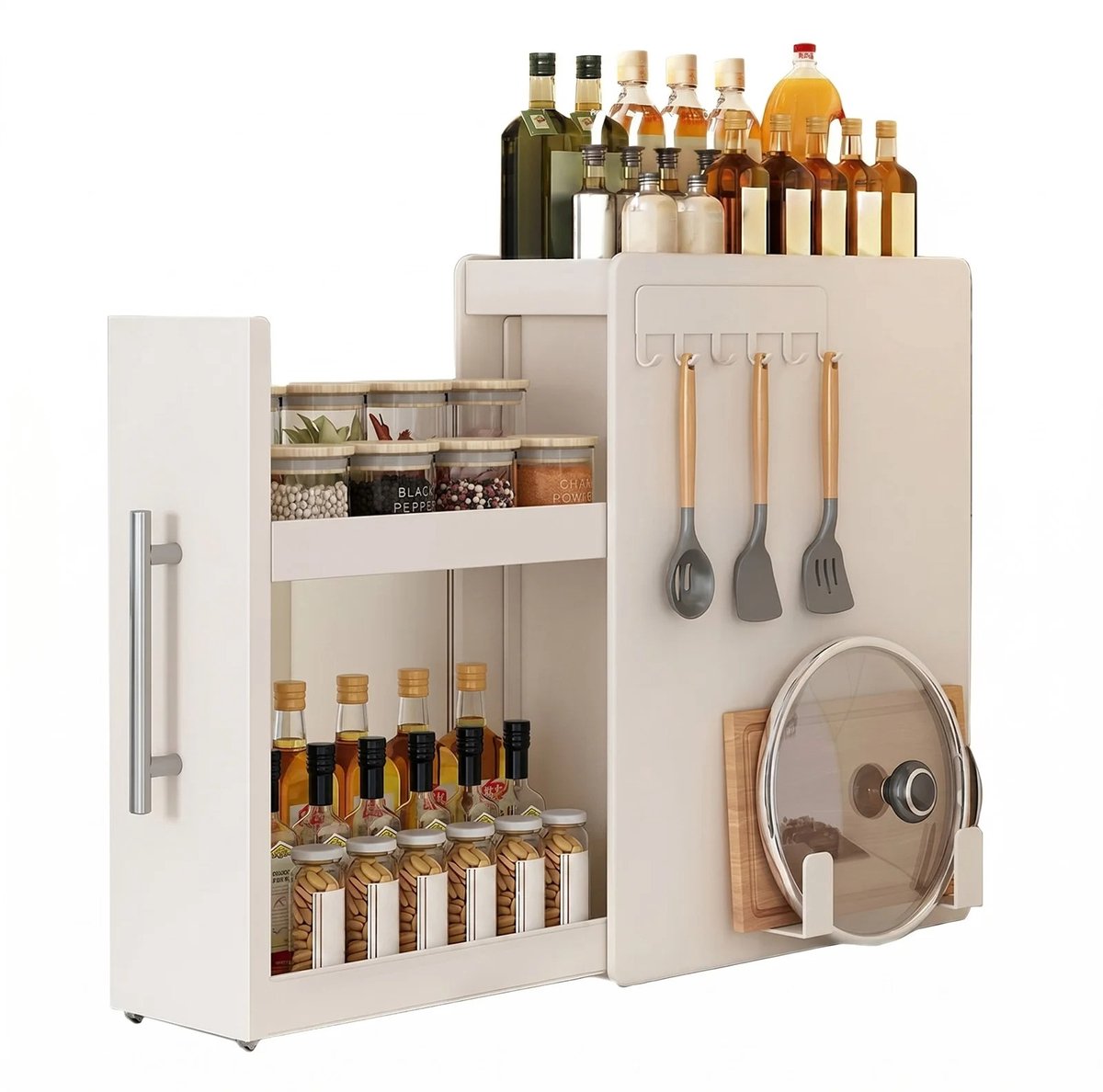 Sello! kruidenrek – keuken organizers – uittrekbare lade – kruidenpotjes – flessen – magnetische haken – L35xB18.5xH46 cm – koolstofstaal