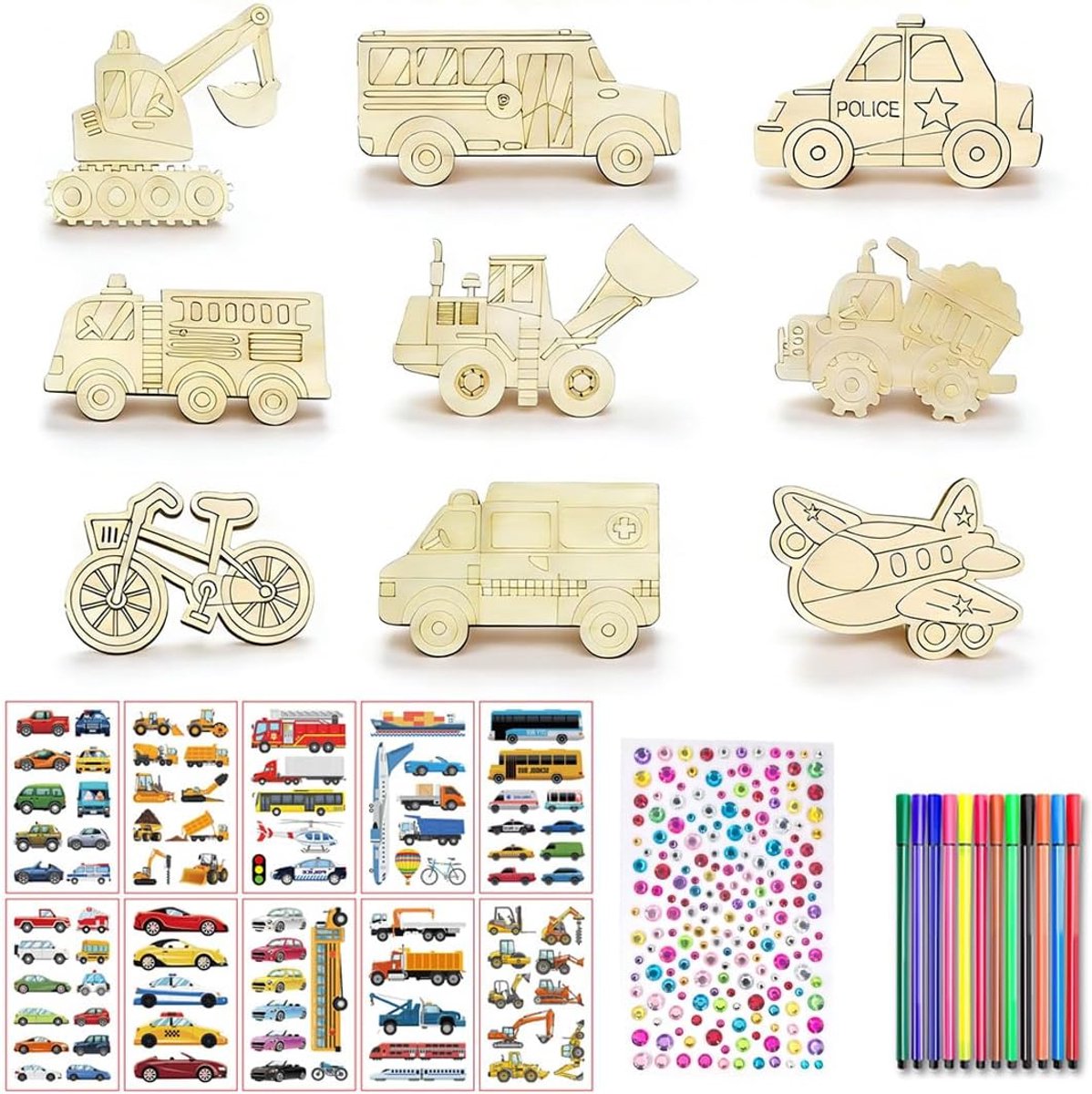 Creatieve set van 50 stuks voor kinderen, hout, viltstiften, stickers, strassteentjes, knutselen, schilderen, doe-het-zelf, scrapbooking, educatief spel en cadeau voor kinderen