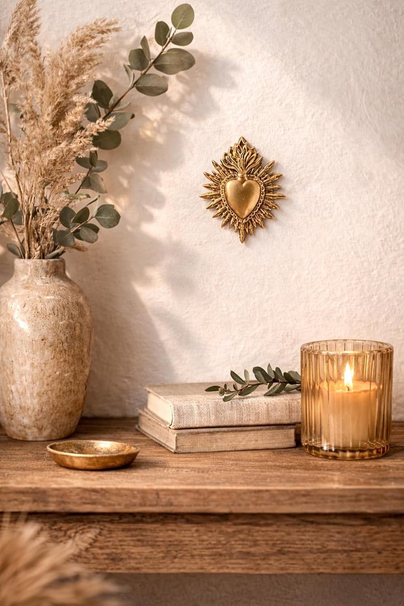 Ex-voto Decoratief stralend hart, 7,7 x 8,7 cm, gouden patina, vintage stijl, mooie productie, collectie Ex-voto