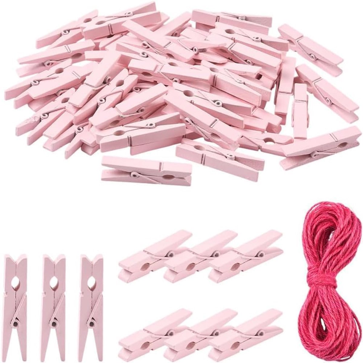 Wasknijpers Mini Foto Clips met String Houten Pinnen Kleine Rustieke Clips met Metalen Lente voor Opknoping Foto's DIY Ambachten Party Decoratie