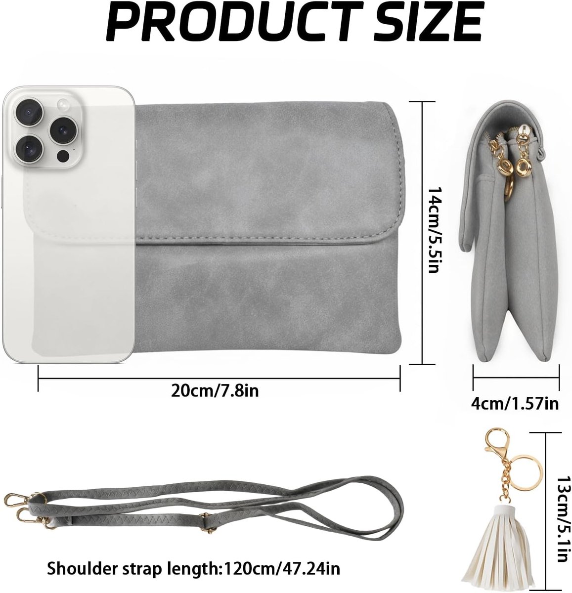 schoudertas voor dames, mini-telefoontas van PU-leer met 5 cm kwastjes-sleutelhanger, mini-schoudertas met meerdere zakken met verstelbare schouderriem voor vrouwen en meisjes