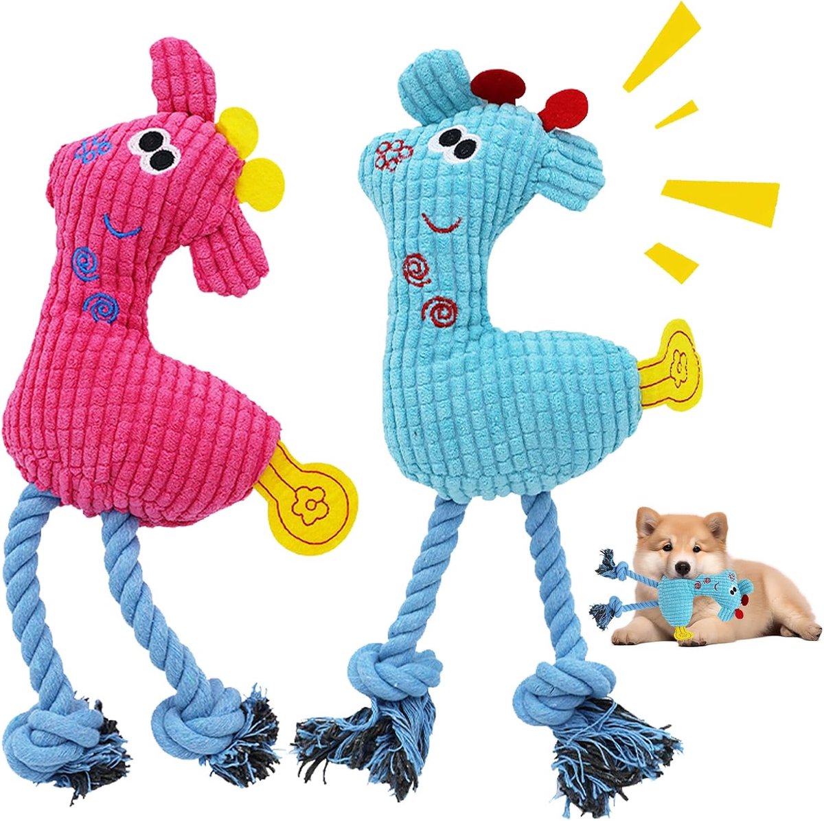 2 stuks hondenspeelgoed, hondenspeelgoed, piepend, katoenen touw, interactief speelgoed, duurzaam kauwspeelgoed, knuffeldier voor honden (blauw, roze)
