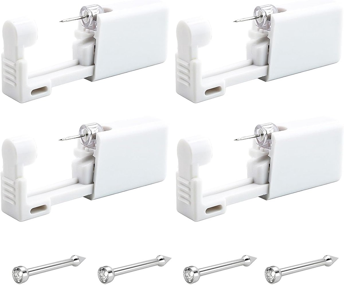 4-delig neuspiercingset, wegwerp steriele zelf-neuspiercingpistool met oorsteker, veilig draagbaar oorstekerpistoolset (wit)