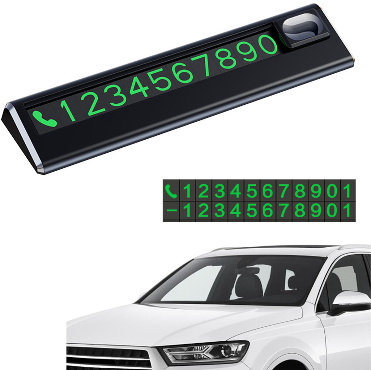 KZQ Tijdelijke parkeerkaart voor auto - Magnetisch en fluorescerend telefoonnummer - Zonder sporen - 11,6x2,7x0,9 cm - Geschikt voor auto SUV en taxi - Zwart