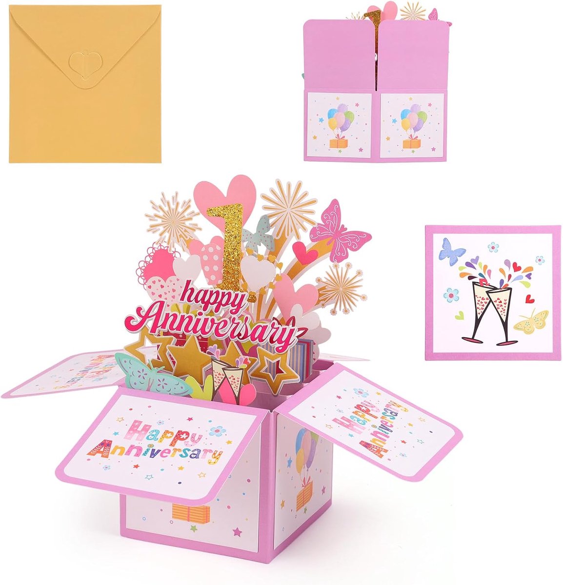 Pop-Upkaart voor een Gelukkig 1-Jarig Jubileum, 3D Vuurwerk Vlinder Romantisch Huwelijksjubileumkaart met Envelop voor Vrouw Echtgenoot Koppel