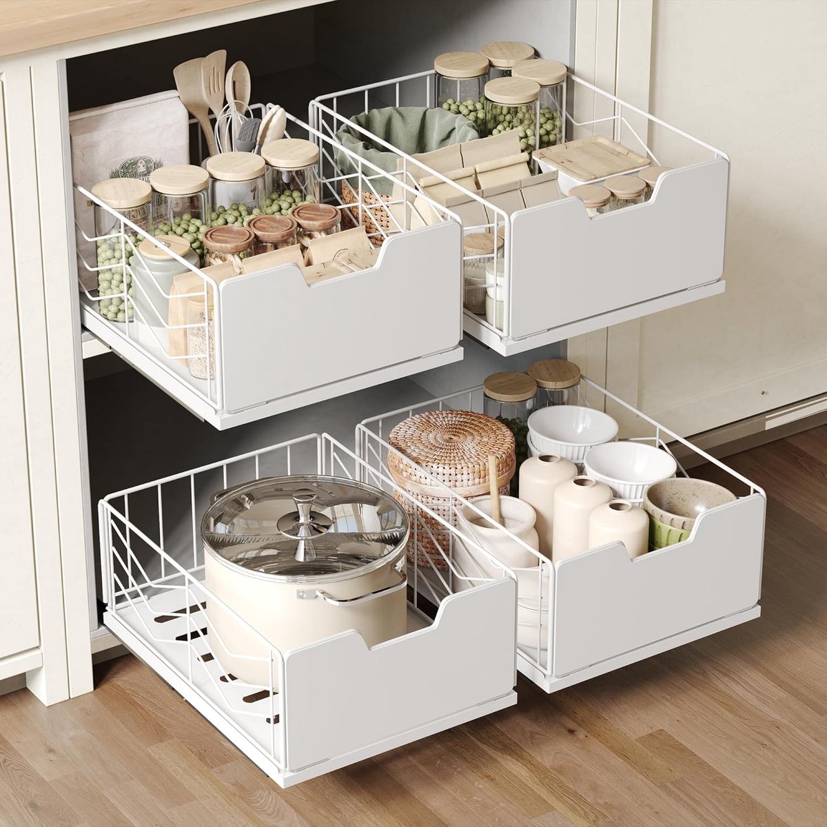 4-delige set telescopische schuifladen met lijm, Uittrekbare keukenlade, Uittrekbare kastorganizer, Voor keuken, badkamer, kastorganisatie 40B x 30T x 17,5H cm, Wit