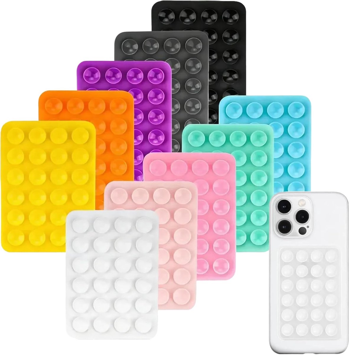 zuignap telefoonhouder 10 stuks – kleurrijke kleefpads voor achterzijde – handsfree zuignappen voor selfies, video’s, make-up tutorials – met sterke plaklaag en 24 mini-zuignappen