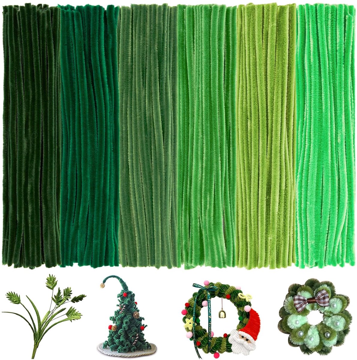 300 Chenilledraad Knutsel 30cm Lang 6mm Dik - 6 Tinten Kleurverloop Groen | Chenillestokjes Pijpenragers Kleurrijke, Pipe Cleaners Craft Flowers Kit, DIY, Bloemen, Feest, Geschenk, Decoratie, Geschenk