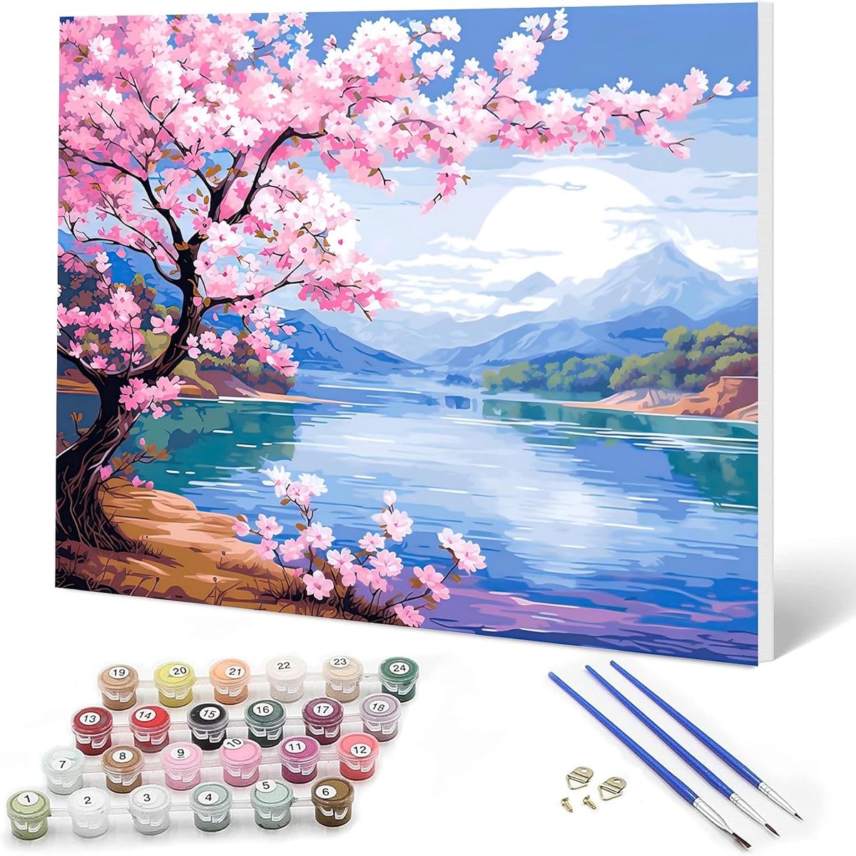 Landschap Schilderen op nummer, volwassenen en kinderen, bloemenverf op nummers, set met olieverfschilderij voor beginners met houten frame, 20 x 30 cm, doe-het-zelf kunstkit met 3 penselen en