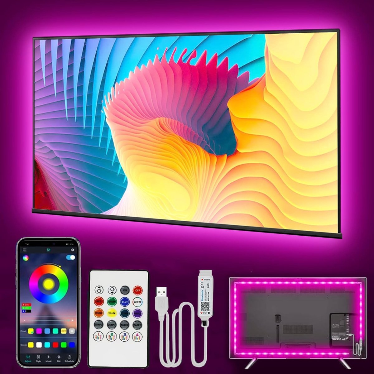 tv-achtergrondverlichting 2M, ledstrip met Bluetooth voor 40-60 inch tv, tv-ledlampjes met muzieksynchronisatie, app & afstandsbediening, USB verlichting achtergrondverlichting tv