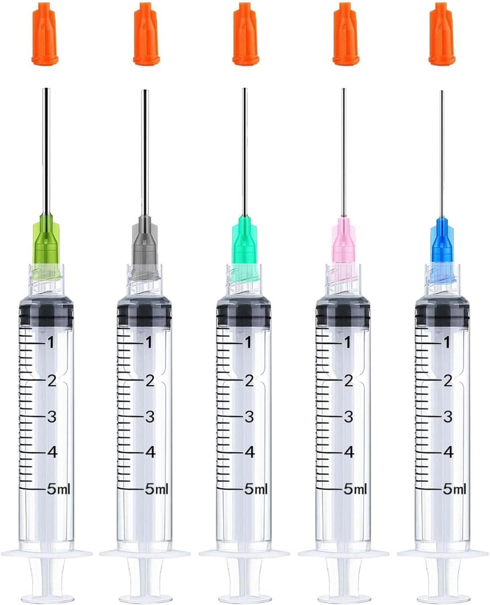 Lock-design, 5 stuks, 5 ml, inktvulspuit, kunststof spuiten met doppen, 1,5 inch, 14 ga, 16 ga, 18 ga, 20 ga, 22 ga blunt tip voor vloeistoffen, lijm, inkt