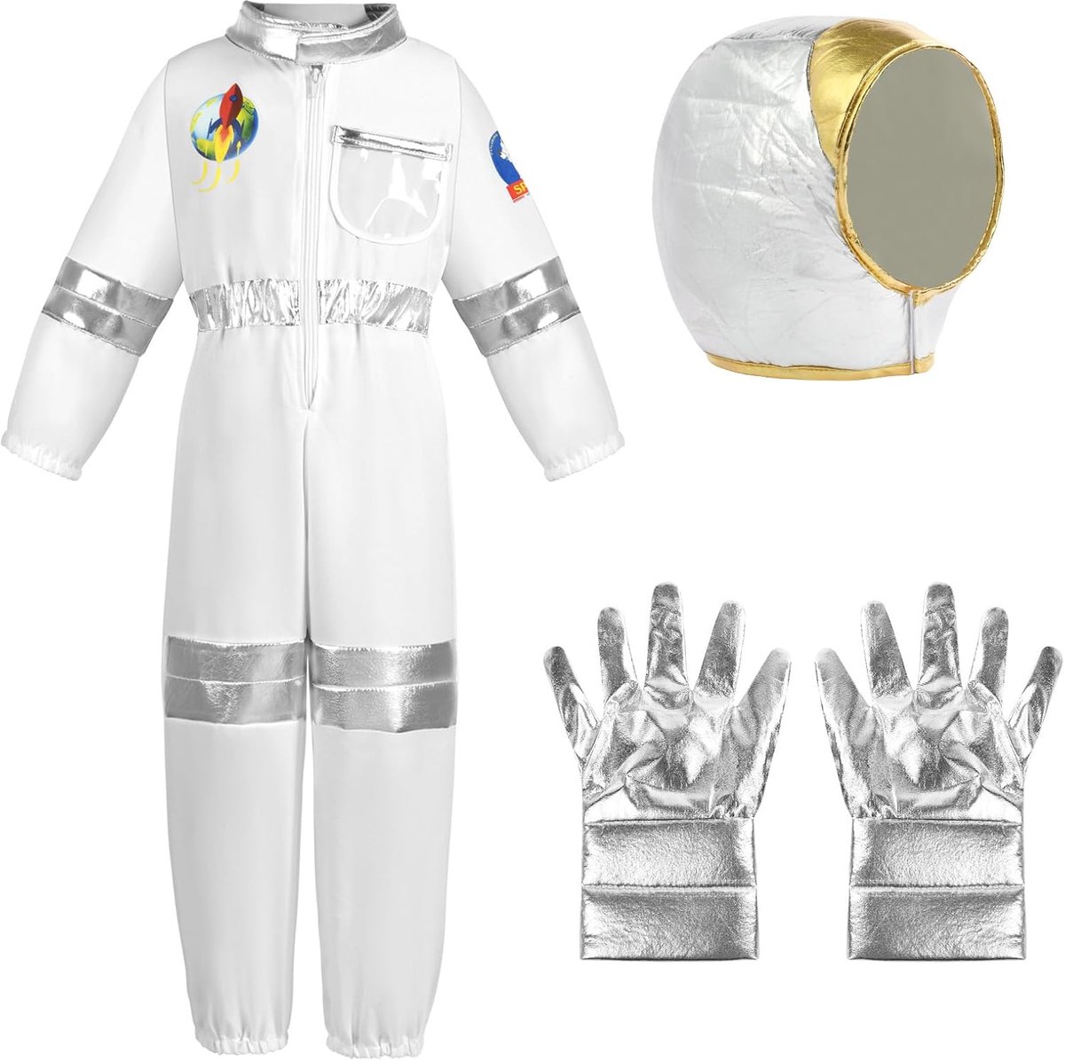 Astronautenkostuum voor kinderen, uniseks, astronautenkostuum, cosplay speelgoed, ruimteavontuur, outfit met astronautenhelmtas en handschoenen, ruimtevaarder, jumpsuit, verkleedkleding voor