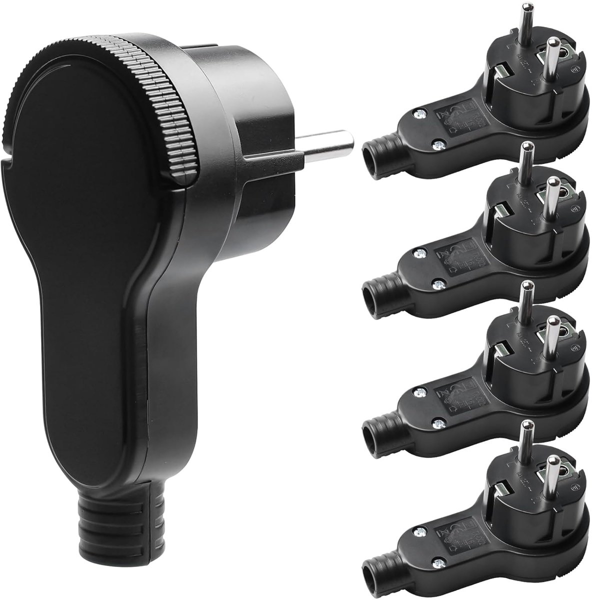 Stekkers plat, geaard contact hoekstekker, 250 V, 16 A, Schuko platte stekker, eurostekker met klapgreep en knikbescherming, geaarde stekker voor kabels tot 3 x 1,5 mm², zwart
